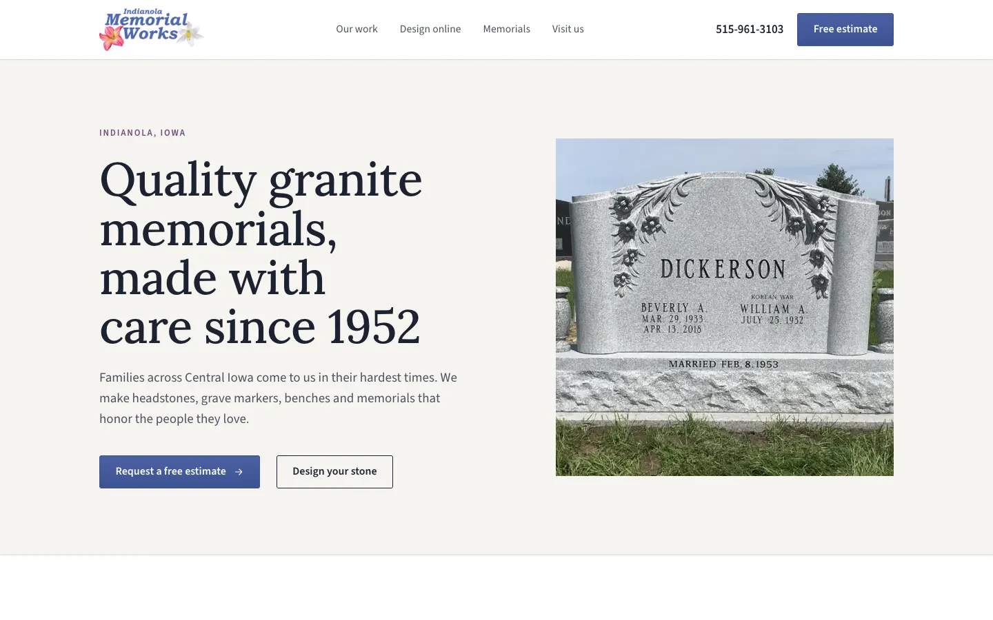Indianola Memorial Works website draft: 'Quality granite memorials, made with care since 1952'.