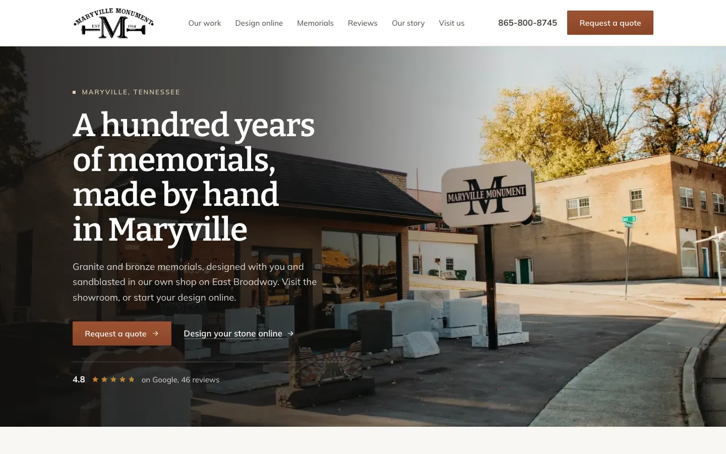 Maryville Monument website draft: 'A hundred years of memorials, made by hand in Maryville' over a photo of their showroom.