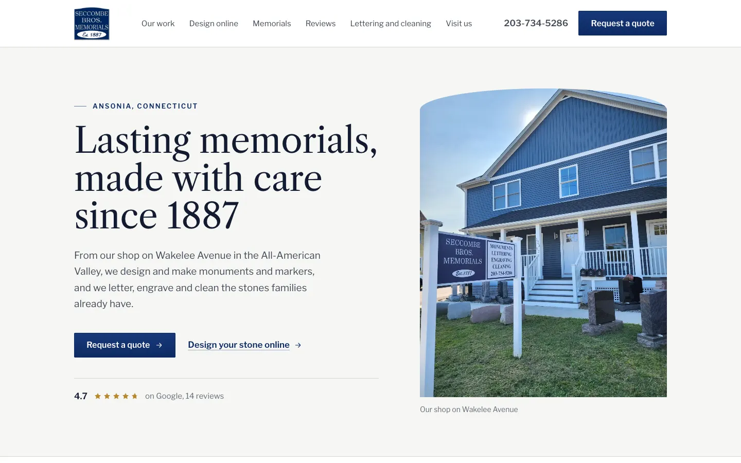 Seccombe Bros Memorials website draft: 'Lasting memorials, made with care since 1887' next to a photo of their shop.